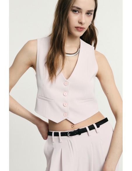 Colete Cropped com Botões e Bolsos Frontais Please
