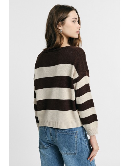 Camisola de gola redonda às riscas com mangas compridas Por favor