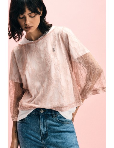 Top com renda e mangas 3/4 transparentes Please