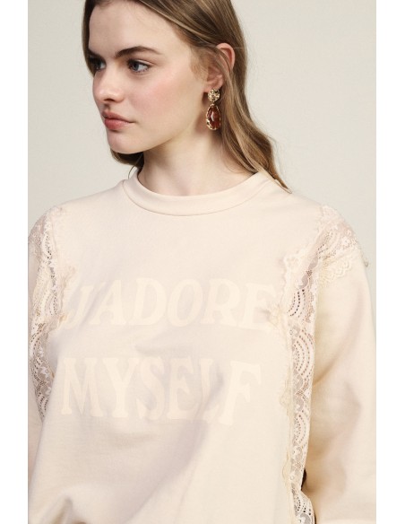 Camisola de gola redonda com detalhes em renda e inscrição frontal Dixie