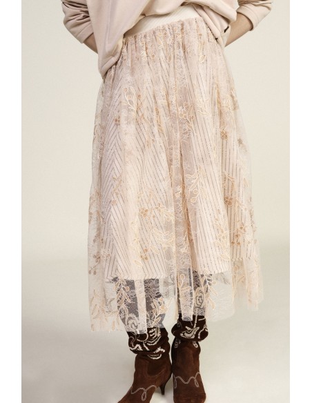 Saia longa bordada com motivo floral e cintura alta Dixie