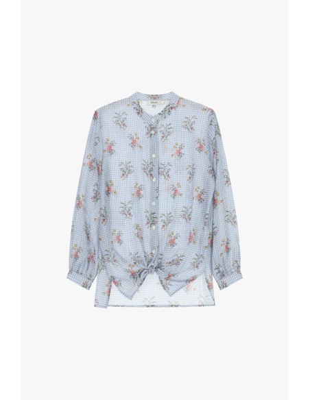 Camisa Xadrez com Estampa Floral e Nó Frontal Dixie