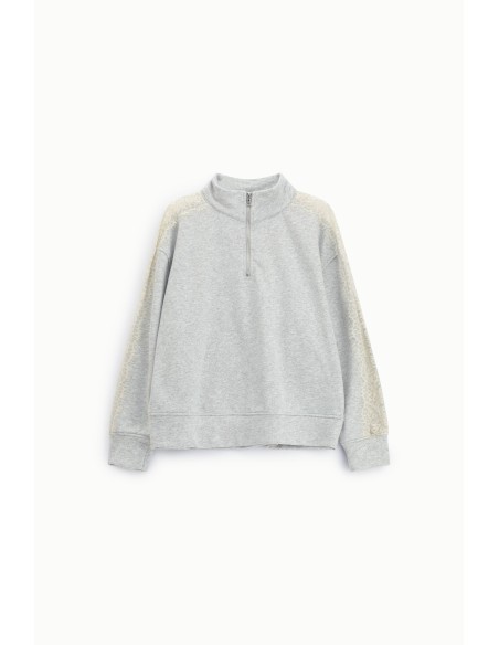Sweat Sem Capuz Fecho de Correr Gola Alta Detalhes em Renda Dixie