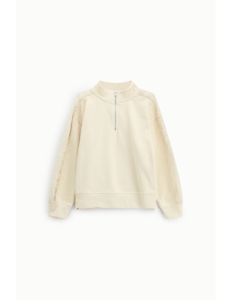 Sweatshirt sem capuz com fecho de correr, gola alta e detalhes em renda Dixie