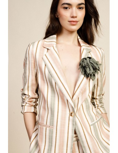 Blazer Às Riscas Com Bolsos E Flor Aplicada Dixie