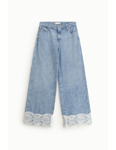 Jeans Flare de cintura média com bordas em renda Please