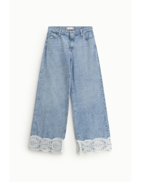 Jeans Flare de cintura média com bordas em renda Please