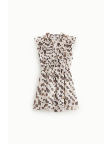 Vestido curto de bolinhas com folhos e botões Please