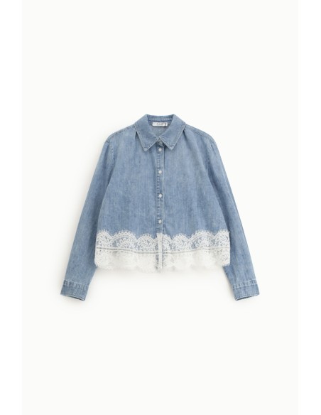 Camisa com gola clássica e borda em renda Please