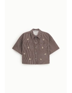 Camisa Curta às Riscas com Botões e Aplicações Tipo Jóia Please 2