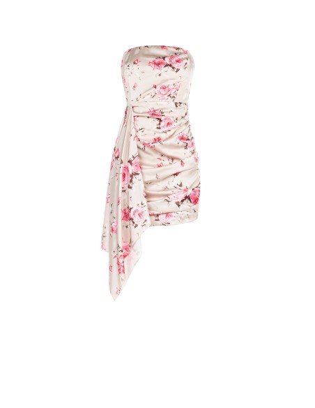 Vestido Curto Sem Alças Motivo de Rosas Com Maxi Folhos Rinascimento