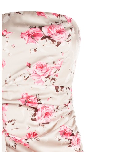 Vestido curto tomara que caia com padrão de rosas e maxi folhos Rinascimento