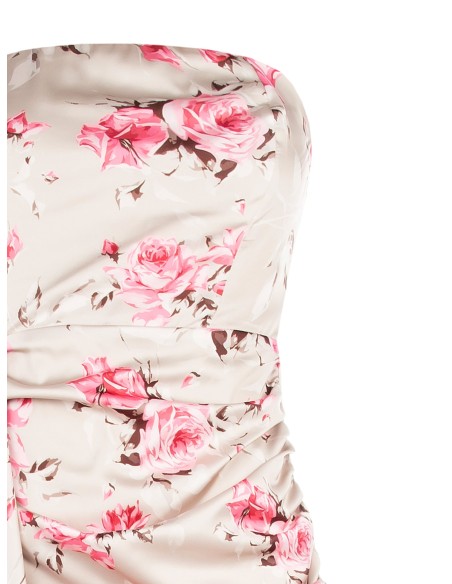 Vestido curto tomara que caia com padrão de rosas e maxi folhos Rinascimento