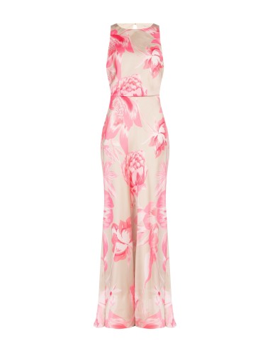 Vestido longo tipo slip em cetim floral com elástico na cintura Rinascimento