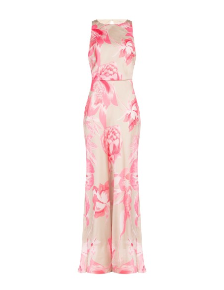 Vestido longo tipo slip em cetim floral com elástico na cintura Rinascimento