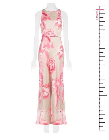Vestido longo tipo slip em cetim com estampado floral e elástico na cintura Rinascimento