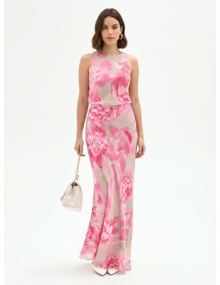 Vestido longo tipo slip em cetim com estampado floral e elástico na cintura Rinascimento