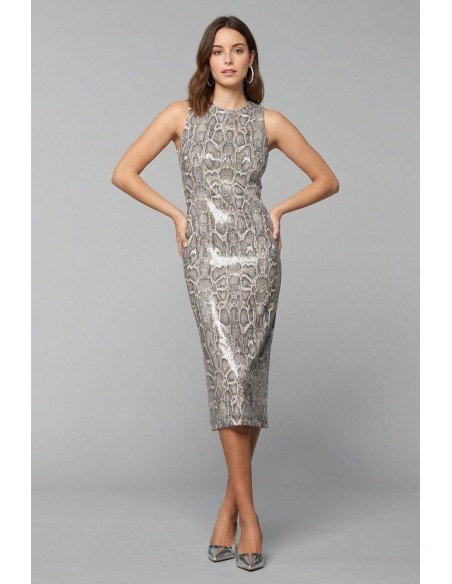 Vestido midi tubinho com padrão píton coberto de lantejoulas Rinascimento