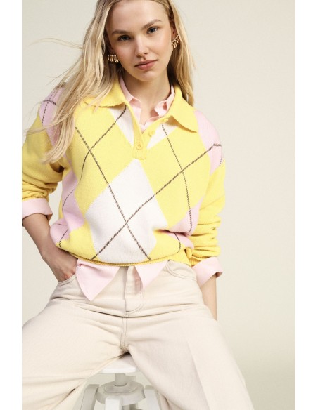 Camisola de Losangos com Gola e Botões Dixie