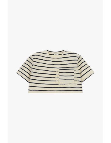 T-Shirt às Riscas Cropped com Bolso e Bainha Desfiada Dixie