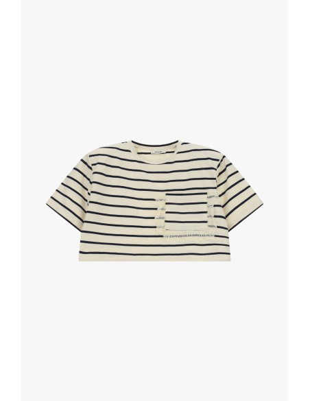T-Shirt às Riscas Cropped com Bolso e Bainha Desfiada Dixie