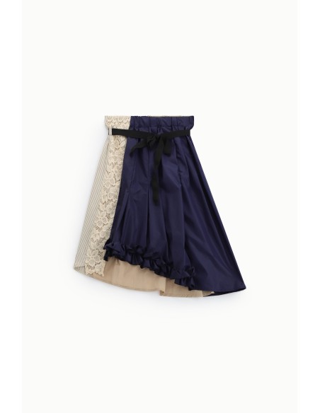 Saia Midi Patchwork com Folhos e Cintura Dixie