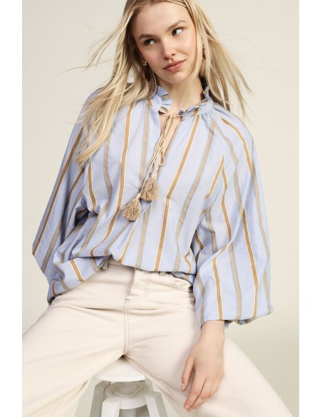 Blusa Às Riscas Com Mangas Amplas E Laço Dixie