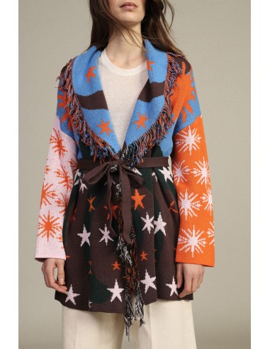 Cardigan Estampado de Estrelas com Cinto e Franjas Dixie