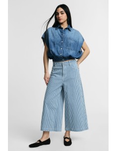 Jeans às Riscas de Perna Larga Cropped Please