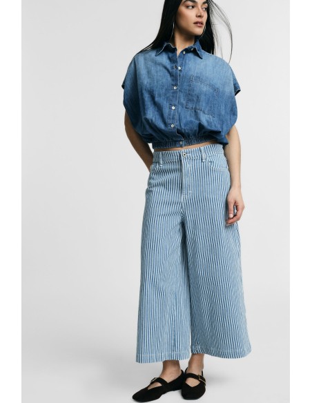 Jeans às Riscas de Perna Larga Cropped Please