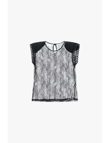 Top em renda transparente com mangas curtas Please