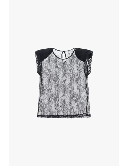 Top em renda transparente com mangas curtas Please