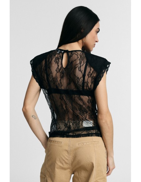 Top Em Renda Transparente Com Mangas Curtas Please