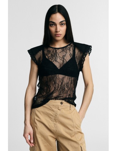 Top em Renda Transparente com Mangas Curtas Please