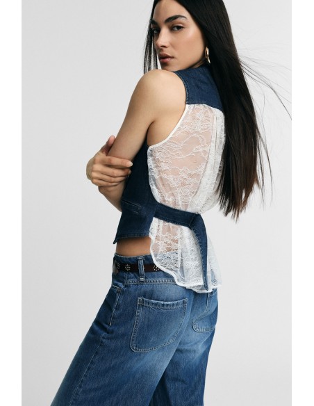 Colete em denim sem mangas com bordo em contraste Please