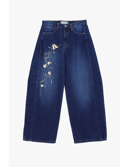 Jeans de Perna Larga com Bordado Floral Please