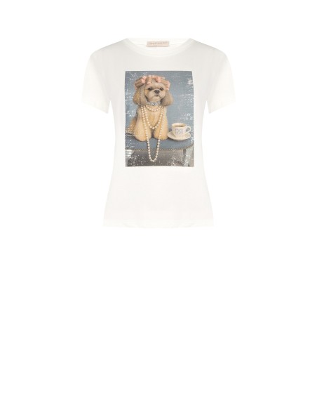 T-shirt regular em algodão com estampa de cão e strass Rinascimento