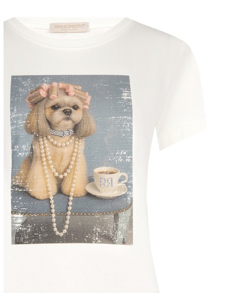 T-shirt regular em algodão com estampado de cão e strass Rinascimento
