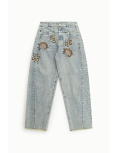 Jeans de perna larga com bordados florais e cintura alta Dixie 2