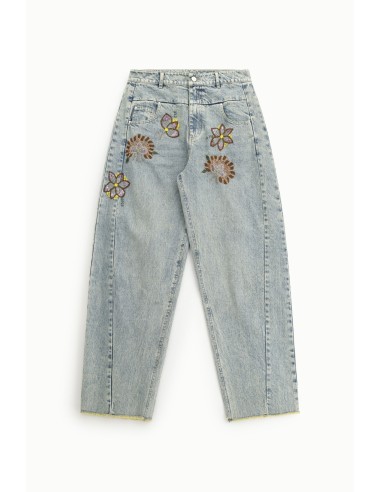 Jeans Wide Leg com Bordados Florais Cintura Alta Dixie