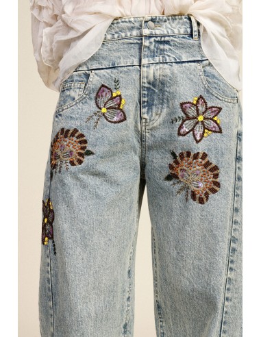 Calças de ganga de perna larga com bordados florais e cintura alta Dixie