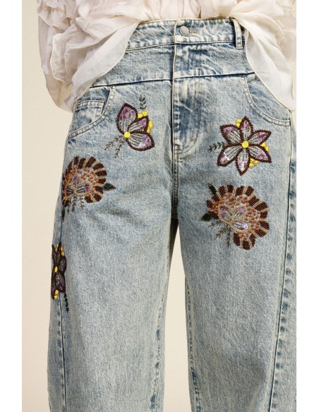 Calças de ganga de perna larga com bordados florais e cintura alta Dixie