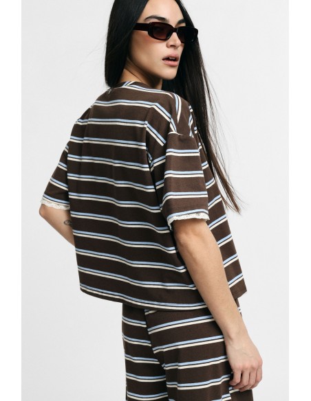 T-shirt larga às riscas com remate em renda nas mangas Please