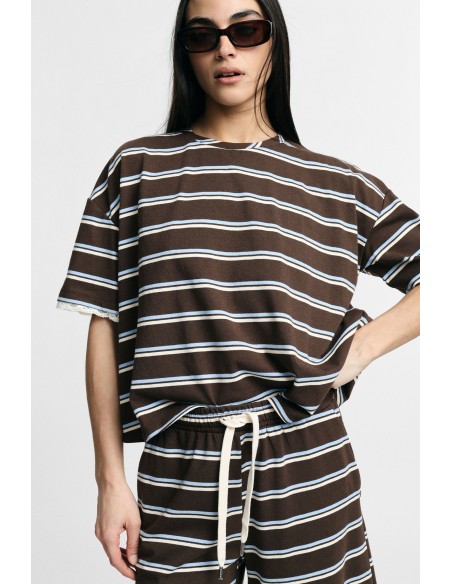 T-Shirt Larga às Riscas com Acabamento em Renda nas Mangas Please