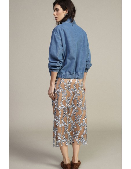 Saia Lápis Midi Com Bordado Floral Dixie