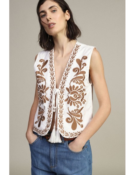 Colete Sem Mangas Bordado Floral Com Cinto Dixie