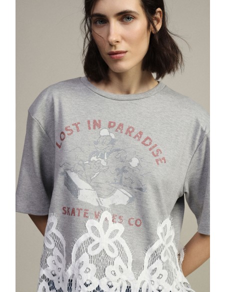T-shirt de mangas curtas com estampa e inserto de renda Dixie