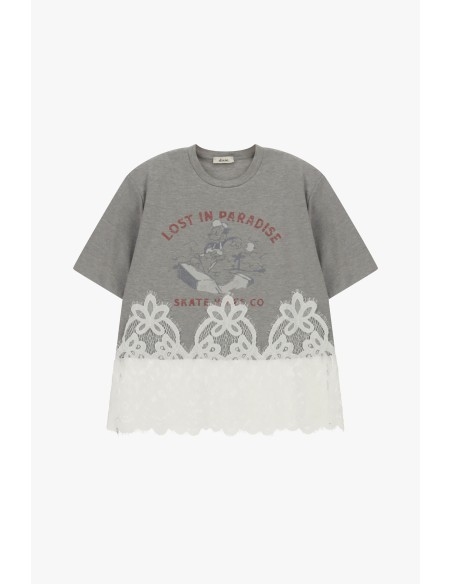 T-shirt de mangas curtas com estampa e inserção de renda Dixie