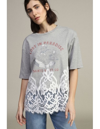 T-shirt mangas curtas com estampado e inserto em renda Dixie
