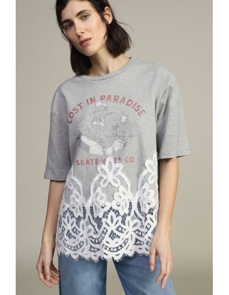 T-shirt mangas curtas com estampado e inserto em renda Dixie